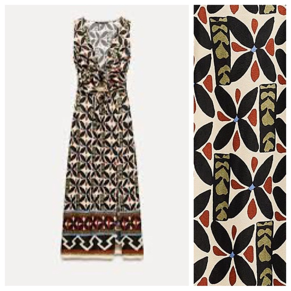Zara Cream, Black & Olive Patterned Midi Dress